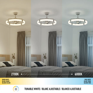 Three images show the Artika Sunnyvale 28 in. LED ceiling fan with tunable white light: 2700K, mixed, and 6000K, all remote-controlled.