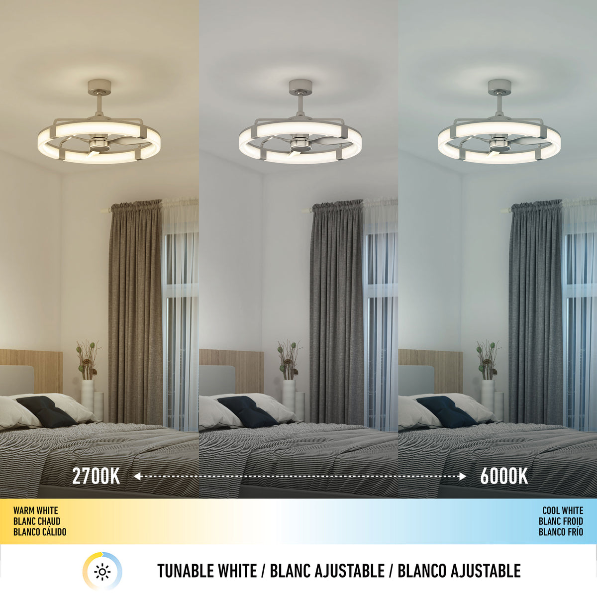 Bedroom with Artika Sunnyvale 28″ LED fandelier, remote control, and three color temps above gray and white bedding.
