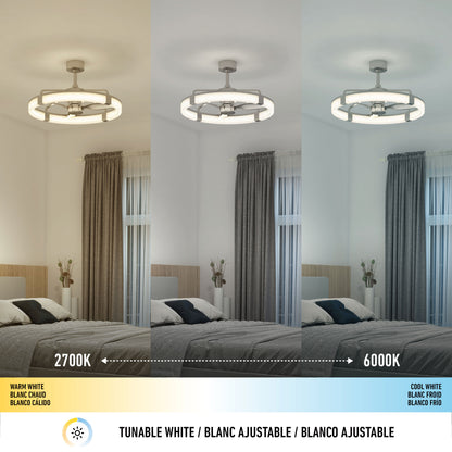 Bedroom with Artika Sunnyvale 28″ LED fandelier, remote control, and three color temps above gray and white bedding.