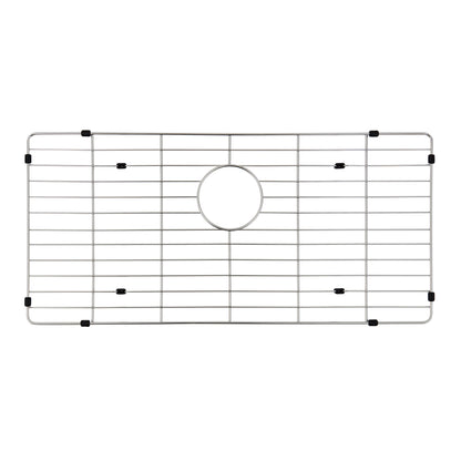 The Artika Neoflow single bowl stainless steel sink grid features evenly spaced wires, a central circular cutout, and small black rubber feet at the edges for support.