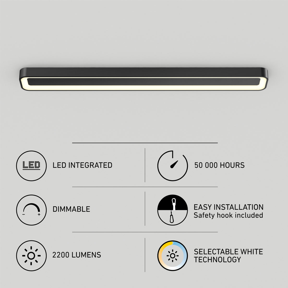 A slim, modern LED ceiling light is shown above icons highlighting features: LED integrated, 50,000 hours lifespan, dimmable, easy installation with a safety hook, 2200 lumens brightness, and selectable white technology.