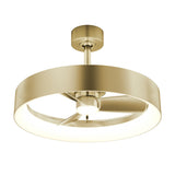 A modern ceiling fan with a brushed gold finish, circular frame, three-blade fan, and integrated LED light, viewed from below against a white background.