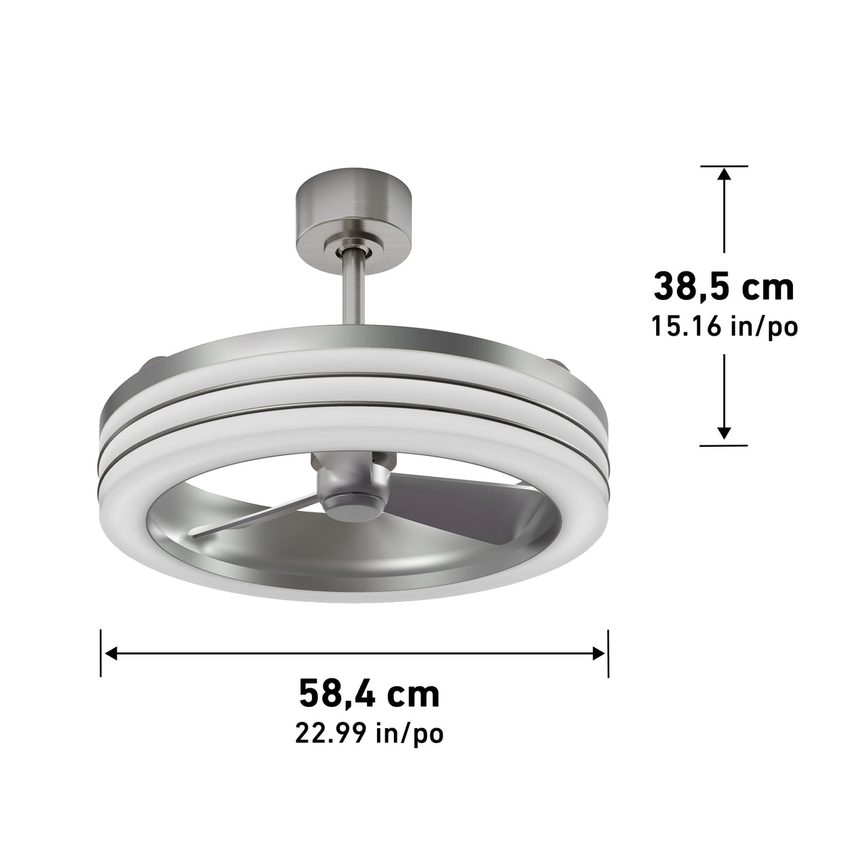 Modern ceiling fan with light in brushed metal finish, shown with dimensions: height 38.5 cm (15.16 in) and diameter 58.4 cm (22.99 in). Arrows and text labels indicate measurements.