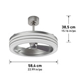 Modern ceiling fan with light in brushed metal finish, shown with dimensions: height 38.5 cm (15.16 in) and diameter 58.4 cm (22.99 in). Arrows and text labels indicate measurements.