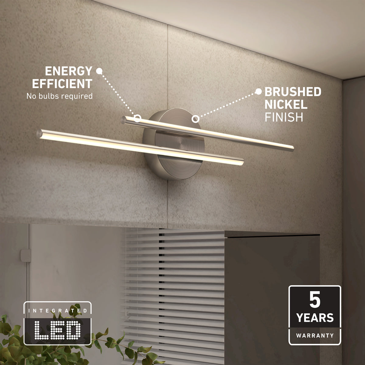 The Artika Cisco 27-in LED 5-CCT Vanity Light Bar offers adjustable color for perfect bathroom lighting above blinds and plants.