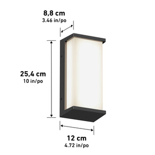 The Artika Faro modern LED indoor-outdoor wall light 3 CCT is a rectangular black sconce with a frosted white panel, measuring 25.4 cm (10 in) tall, 12 cm (4.72 in) wide, and 8.8 cm (3.46 in) deep.