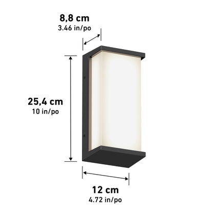 The Artika Faro modern LED indoor-outdoor wall light 3 CCT is a rectangular black sconce with a frosted white panel, measuring 25.4 cm (10 in) tall, 12 cm (4.72 in) wide, and 8.8 cm (3.46 in) deep.