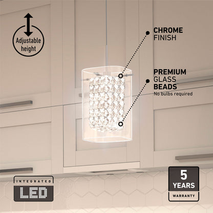 The Artika Crystal Cube 1-light LED pendant features a chrome finish and premium glass beads, perfect for modern kitchens. Enjoy adjustable height, built-in LED—no bulbs needed—and a 5-year warranty. Icons showcase product benefits.