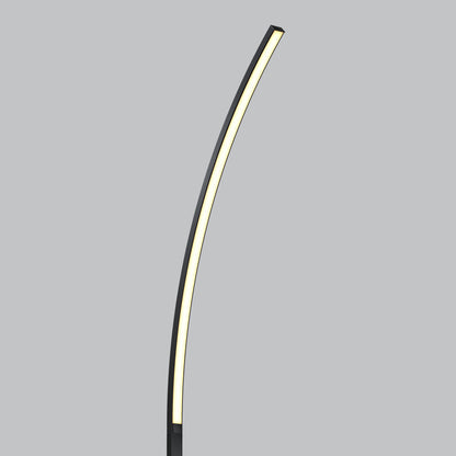 The Artika Arc LED Floor Lamp features a sleek, curved black frame and a long, slim LED light strip, displayed against a plain gray background.