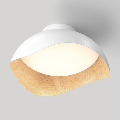 Artika Adara 15 in. (38 cm) Modern LED Flush Mount Ceiling Light 5 CCT, a dome-shaped 15-inch light with a white exterior and wood-look interior.