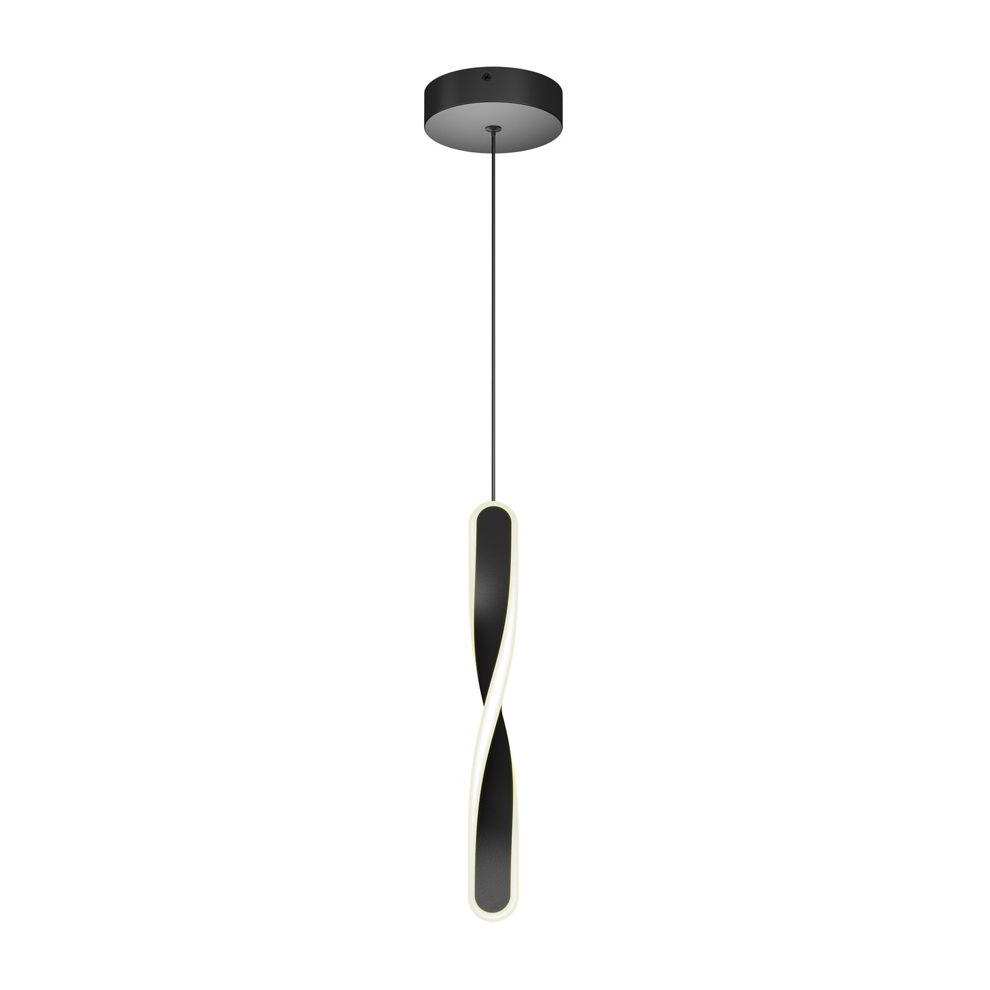 The Artika Finley modern LED pendant light 5 CCT features a twisted, elongated black and white design, suspended by a thin black cord from a round black ceiling mount.