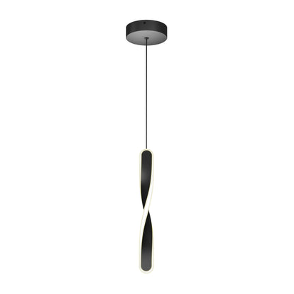 The Finley modern LED pendant light 5 CCT by Artika features a twisted, elongated black design with a soft white illuminated edge, suspended from a round ceiling mount.