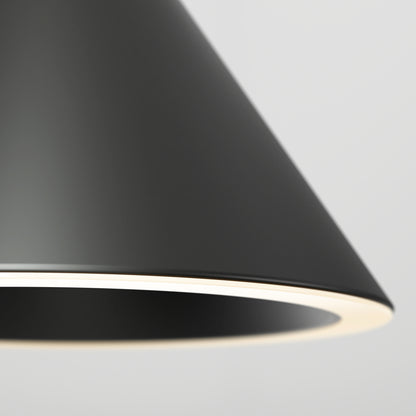 Close-up of Artika’s Denali modern LED pendant light 3 CCT—a sleek, black cone-shaped design with a glowing white rim—shown against a plain, light gray background.