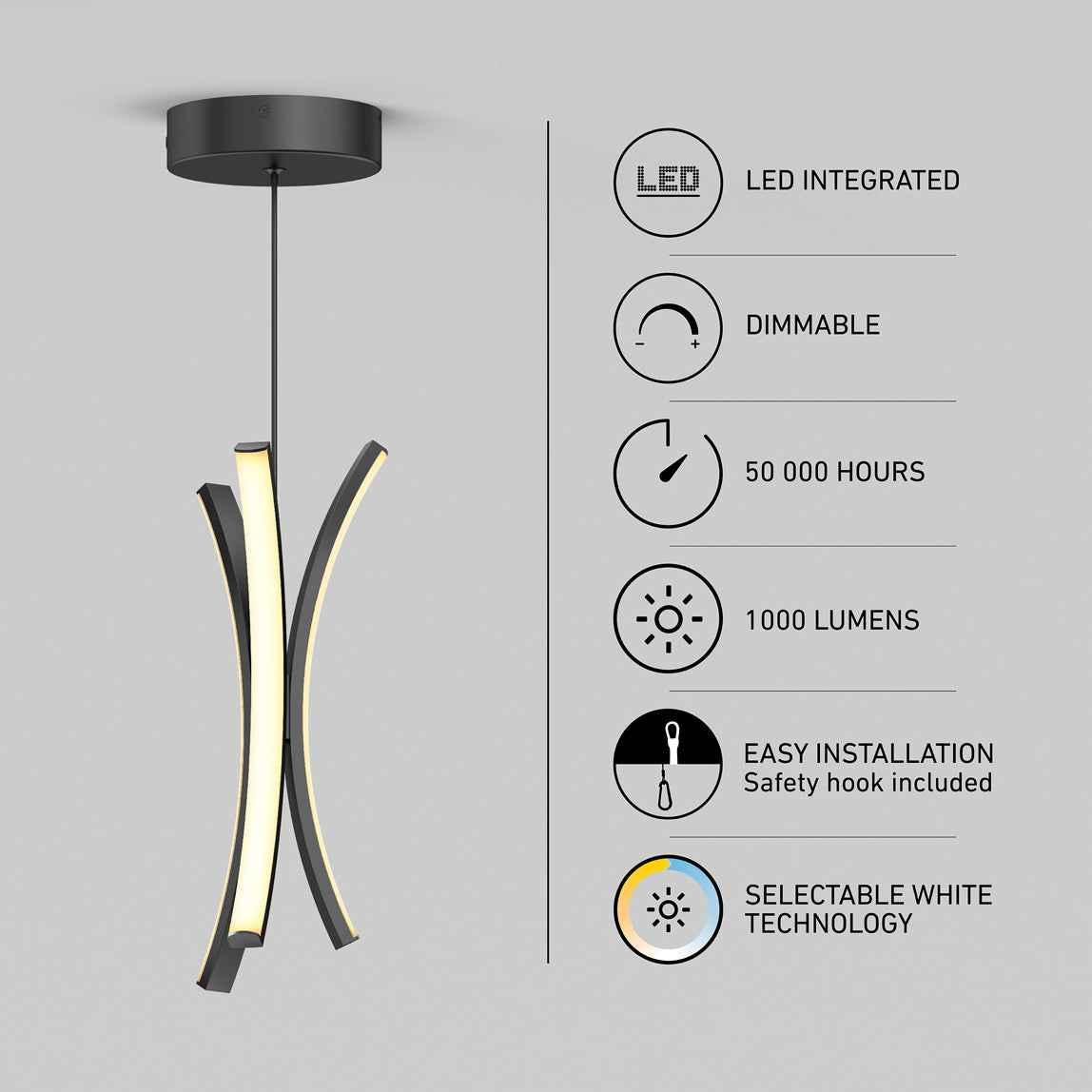 Modern black and white pendant LED light with curved design; features listed alongside include LED integrated, dimmable, 50,000 hours lifespan, 1000 lumens, easy installation, and selectable white technology.