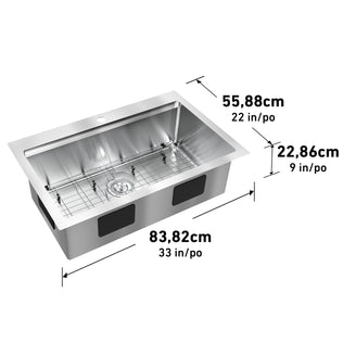 The Artika Newport 33 in. single bowl stainless steel workstation sink features a sleek rectangular design with built-in rack, measuring 83.82 cm wide, 55.88 cm deep, and 22.86 cm high—ideal for modern kitchens.