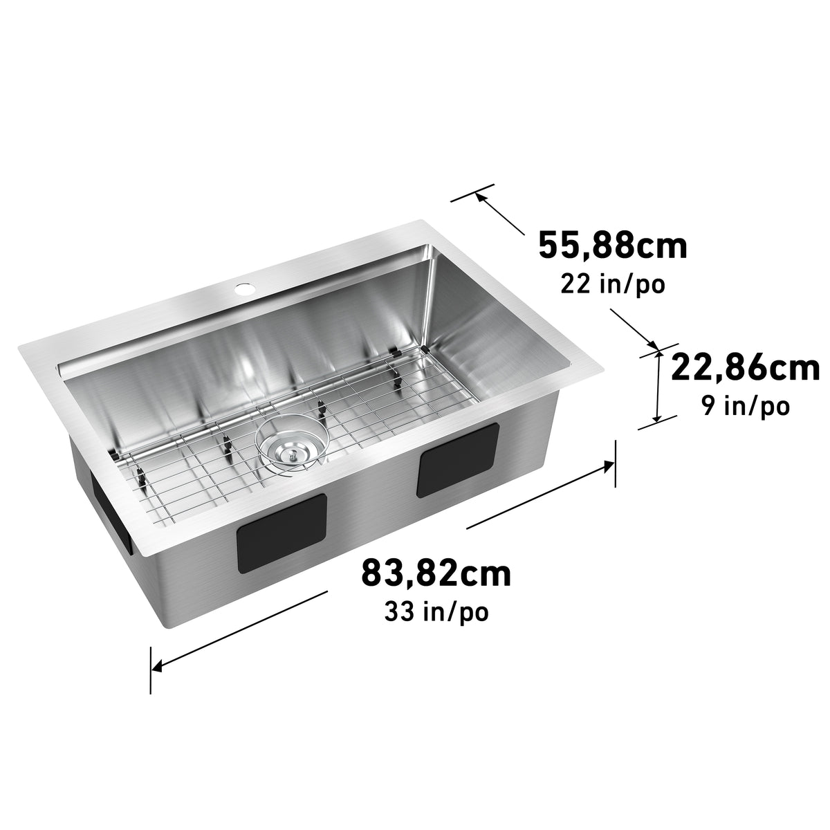 Angled view of a stainless steel kitchen sink with grid, showing dimensions: 83.82 cm (33 in) length, 55.88 cm (22 in) width, and 22.86 cm (9 in) depth.