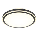 A round, modern ceiling light fixture with a black outer rim and a bright white illuminated center, viewed from below against a white background.