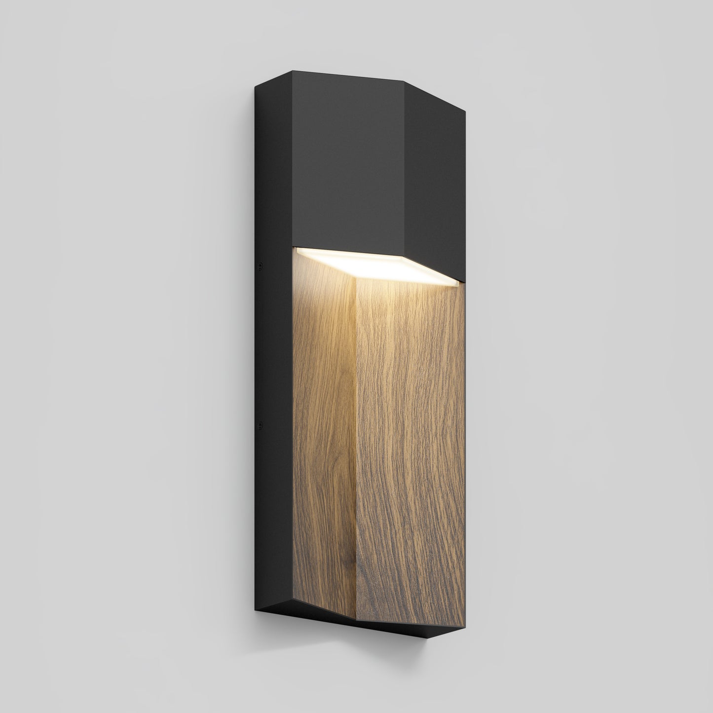 The Artika Howel modern LED indoor-outdoor wall light 5 CCT features a black metal frame and wood-textured front panel, casting warm light downward, shown mounted on a light gray wall.