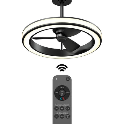 A modern ceiling fan with an integrated circular LED light, shown with a black remote control featuring buttons for fan speed, timer, and light functions. The fan has three blades and a sleek, minimalist design.