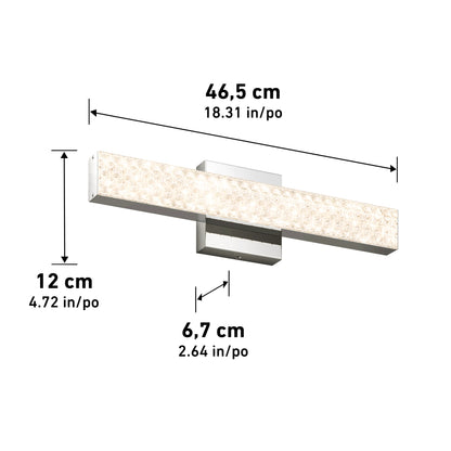 Artikas Adeline modern LED bathroom vanity light 3 CCT is a rectangular wall fixture with a textured surface, measuring 46.5 cm wide, 12 cm tall, and 6.7 cm deep. Shown on a white background.