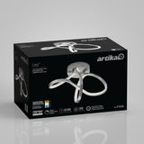 A black box displaying an Artika Loop LED flush mount ceiling light with a modern, looped design. The packaging highlights key features and an image of the fixture on a gray background.