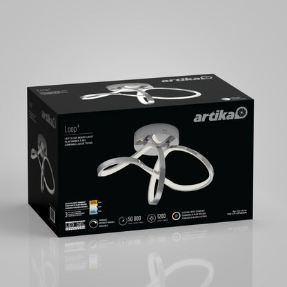 A black box displaying an Artika Loop LED flush mount ceiling light with a modern, looped design. The packaging highlights key features and an image of the fixture on a gray background.