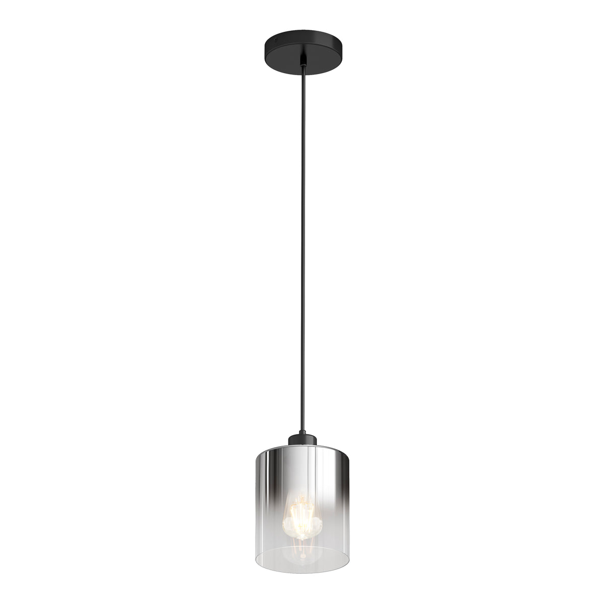 A modern pendant light with a black ceiling mount, a long black cord, and a cylindrical clear glass shade, displaying a glowing bulb inside.