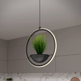 A modern pendant light with a circular LED frame surrounds a small green potted plant in a black holder, suspended from the ceiling in a contemporary kitchen with gray cabinets and a marble backsplash.