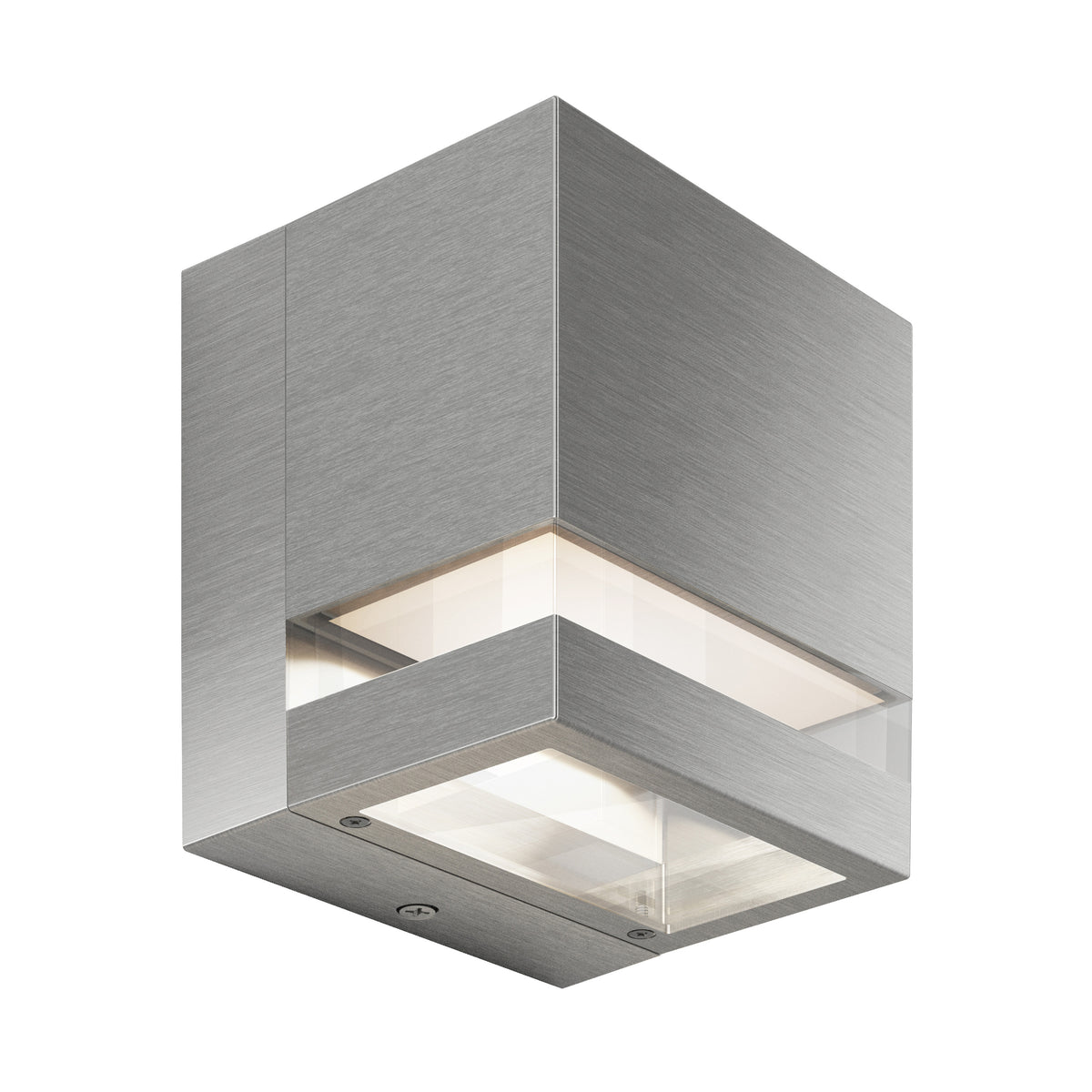 The Artika Valor Square LED indoor-outdoor wall light features a modern brushed metal design with frosted glass panels on the sides and bottom, emitting a soft white glow.