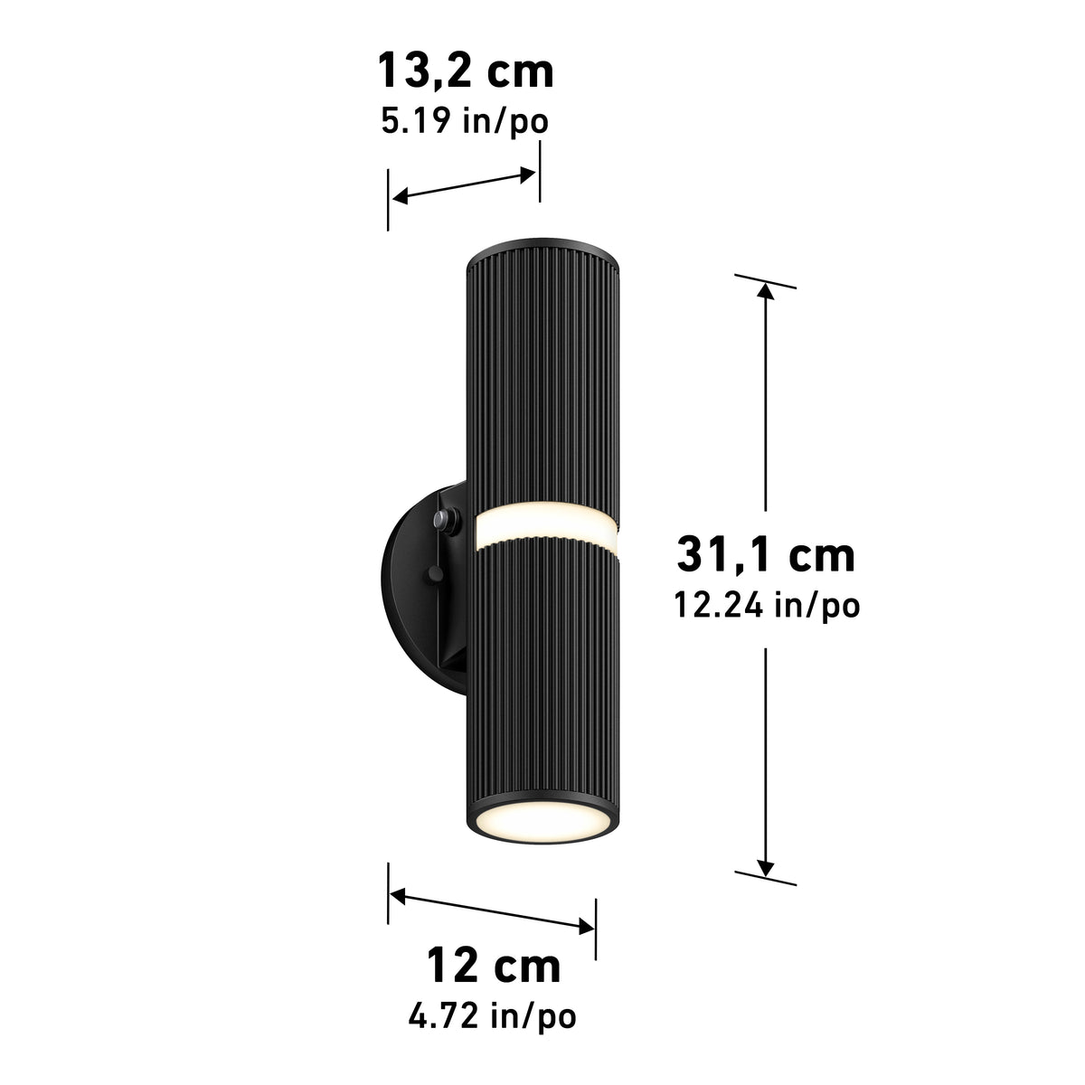 Black cylindrical wall sconce light with vertical ridges, shown with dimensions: 31.1 cm (12.24 in) tall, 13.2 cm (5.19 in) deep, and 12 cm (4.72 in) wide.