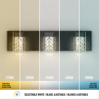 The Artika Crystal Cube LED bathroom vanity light 5 CCT displays five color temperatures: 2700K (warm white), 3000K, 3500K, 4000K, and 5000K (cool white), offering lighting from yellowish to bluish-white.