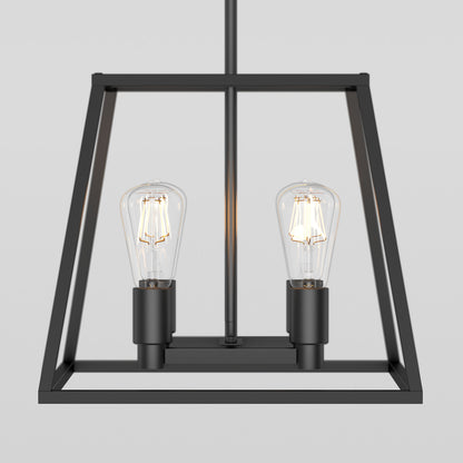 The Artika Carter Square 4-light Chandelier is a modern black metal fixture with a geometric open-frame design, featuring two exposed vintage-style filament bulbs, displayed against a plain light gray background.