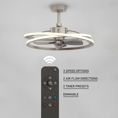 The Artika Coda 23 in. LED modern ceiling fan features a remote control, 3 speeds, reversible airflow, two timer presets, and dimmable LED lighting. Remote buttons are conveniently visible beneath the fan for easy access.