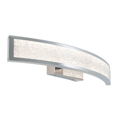 The Artika Glitter LED bathroom vanity light features a modern curved metallic frame, a frosted textured diffuser, and is mounted on a rectangular base.