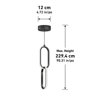 The Artika Catena LED pendant light features two vertical oval loops suspended from a 12 cm (4.72 in) round mount, with a max hanging height of 229.4 cm (90.31 in), and offers 5 CCT options for customizable lighting.