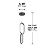 Modern pendant light with two interlocking oval rings hanging from a round black ceiling mount. Dimensions: ceiling mount is 12 cm (4.72 in) wide; maximum hanging height is 229.4 cm (90.31 in).