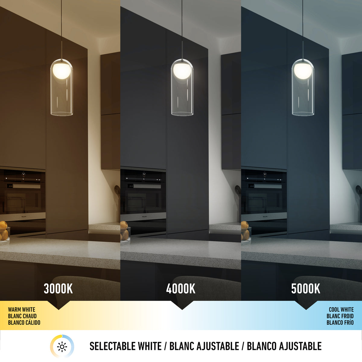 A modern kitchen under a hanging light, shown in three panels: left with warm white light (3000K), center with neutral white (4000K), and right with cool white (5000K). Text highlights selectable color temperatures.