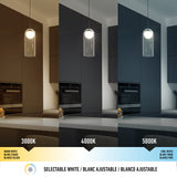 A modern kitchen under a hanging light, shown in three panels: left with warm white light (3000K), center with neutral white (4000K), and right with cool white (5000K). Text highlights selectable color temperatures.