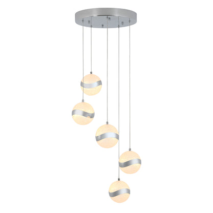 The Artika Wavey 5-light LED pendant features five frosted glass spheres with diagonal silver stripes, suspended at varying heights from a round metallic base for a modern ceiling light design.