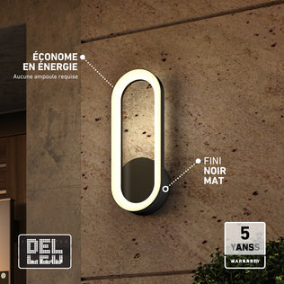 Aiden modern LED indoor-outdoor wall light 5 CCT in oval matte black with energy efficiency, adjustable color temperature, and 5-year warranty icons.