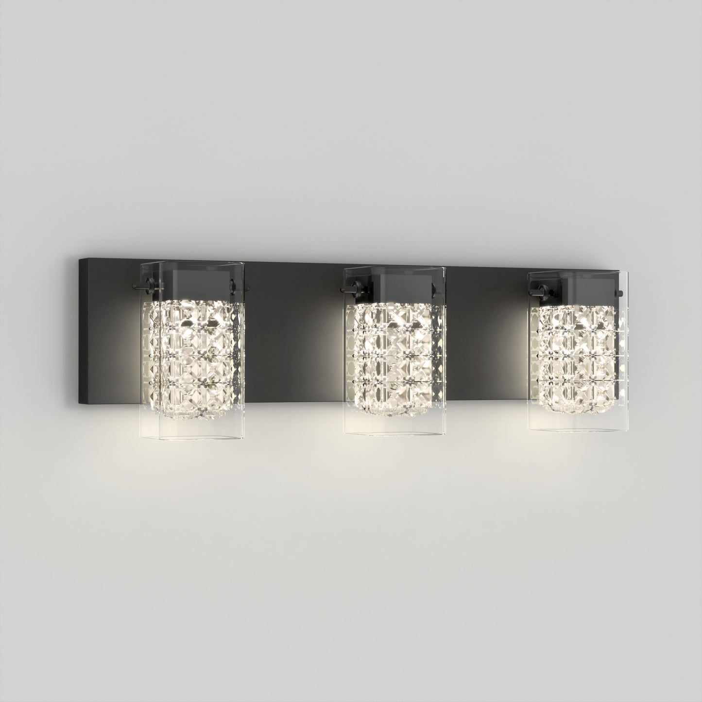 The Artika Crystal Cube LED bathroom vanity light features three square crystal glass shades on a rectangular black metal base, offering customizable white light with 5 CCT options, and is perfect for modern wall-mounted installations.