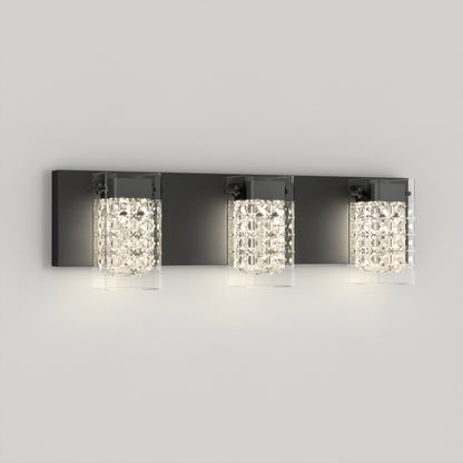 The Artika Crystal Cube LED bathroom vanity light features three square crystal glass shades on a rectangular black metal base, offering customizable white light with 5 CCT options, and is perfect for modern wall-mounted installations.