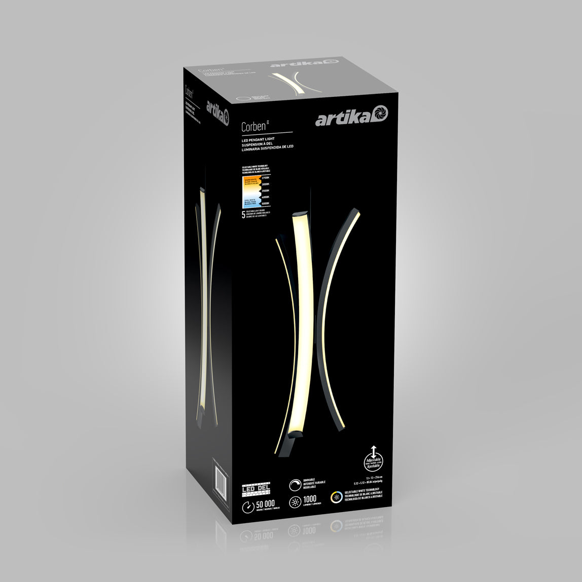 A sleek black product box for an Artika brand LED wall light, featuring images of the modern curved light fixture, energy ratings, and key features printed on the packaging.