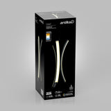 A sleek black product box for an Artika brand LED wall light, featuring images of the modern curved light fixture, energy ratings, and key features printed on the packaging.
