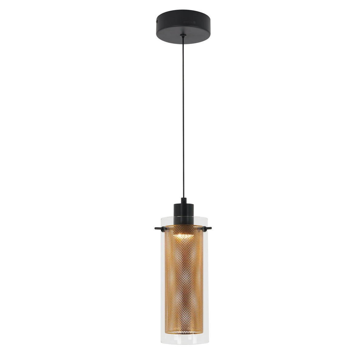 Modern pendant light with a cylindrical, perforated gold metal shade inside a clear glass outer cylinder, hanging from a black cord and ceiling mount.