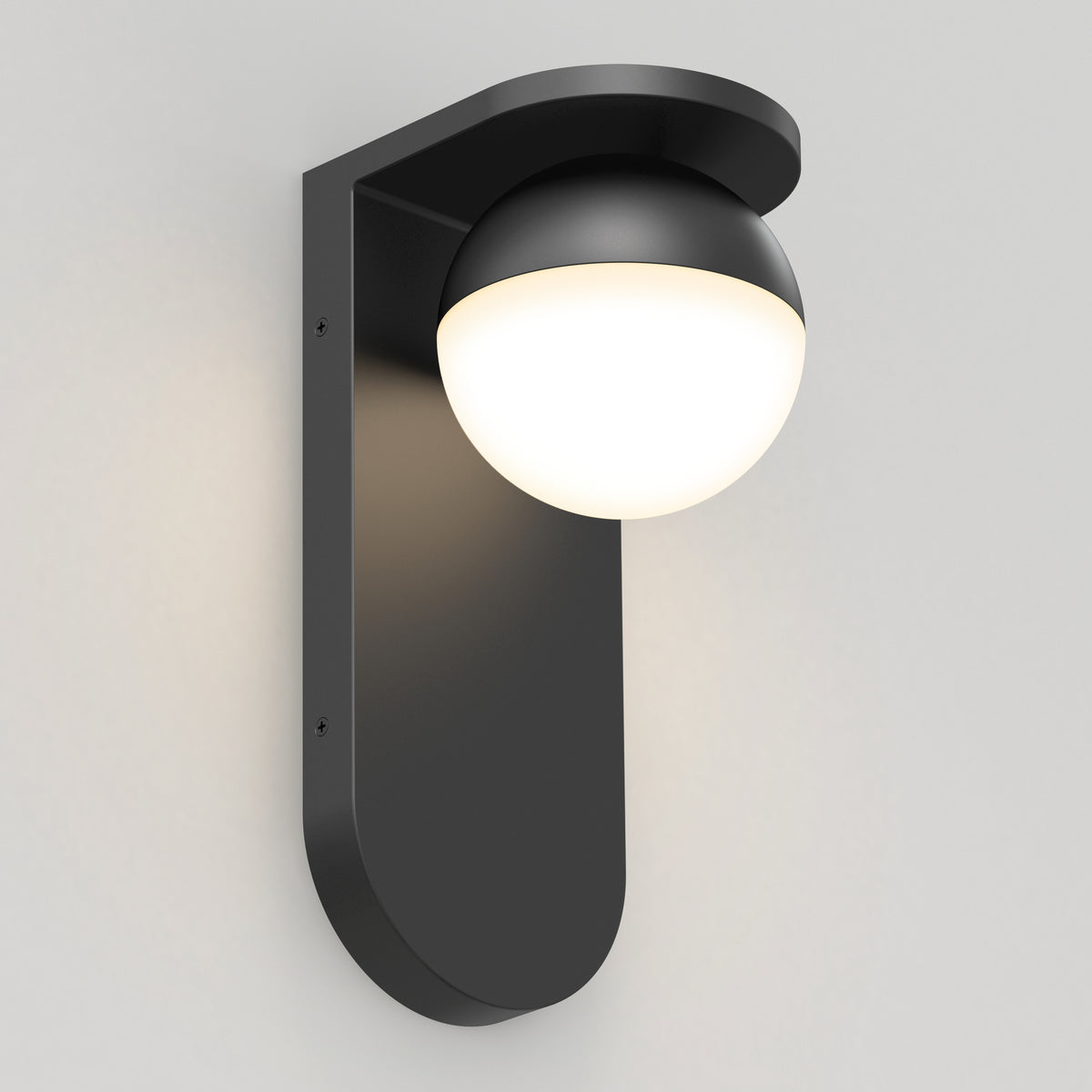The Artika Bloom indoor-outdoor LED wall light 3 CCT features a modern matte black rectangular base and a dome-shaped white cover that softly glows, perfect for contemporary settings.