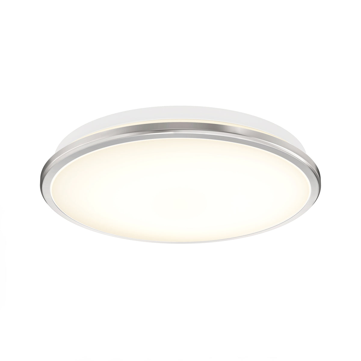 A modern, round LED ceiling light with a frosted white cover and a slim silver rim, shown illuminated against a plain white background.