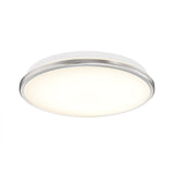 A modern, round LED ceiling light with a frosted white cover and a slim silver rim, shown illuminated against a plain white background.