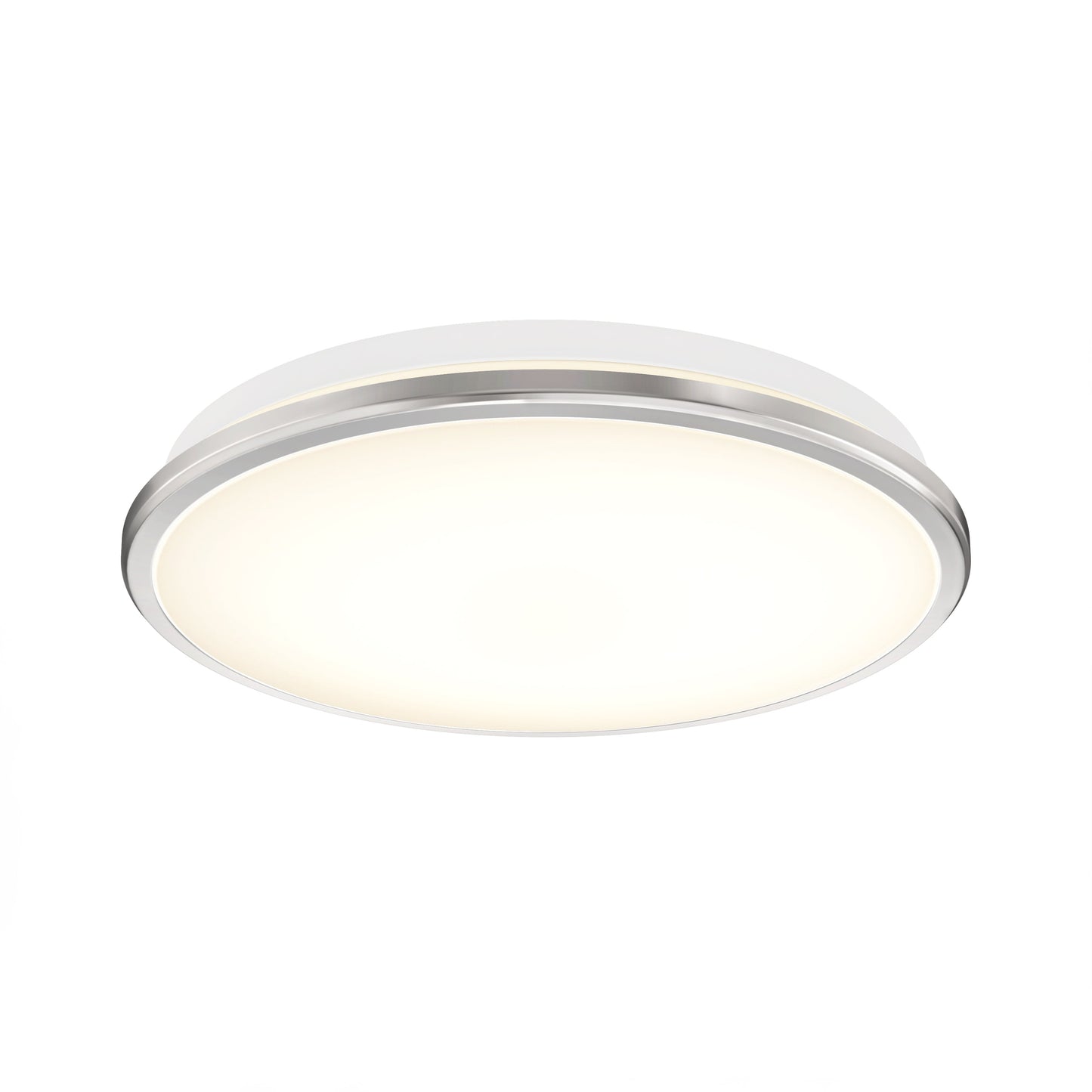 The Artika-CAN-dev Vera 13 in. LED modern flush mount light features a white frosted cover with a metallic rim, works with LED dimmers, and brings a soft, even glow to contemporary living rooms.