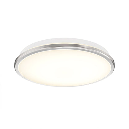 The Artika-CAN-dev Vera 13 in. LED modern flush mount light features a white frosted cover with a metallic rim, works with LED dimmers, and brings a soft, even glow to contemporary living rooms.